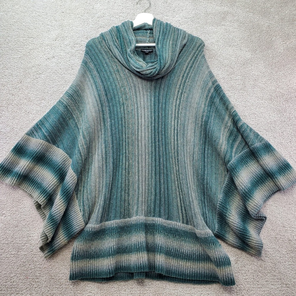 Dor Dor Couture Poncho Sweater Womens Large Teal Cozy Cowl Neck Striped Knit